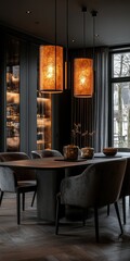 Elegant vertical dining room featuring a luxurious table modern lighting and chic urban setting stylish interior design high fidelity atmosphere