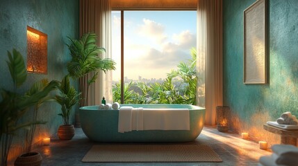 Luxurious teal bathtub in a tropical bathroom with sunset view.
