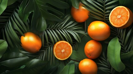 Vibrant oranges nestled amongst lush green palm leaves boast a rich dark ambiance. AI Generated