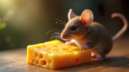 Fototapeta premium Curious Delight: A Mouse Face-to-Face with Cheese
