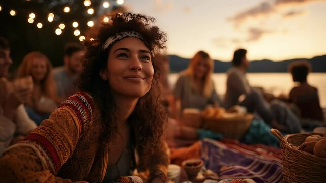 Joyful Young Woman Smiling at Outdoor Gathering Near Water at Sunset with Friends, Celebrating Life and Connection in a Cozy Atmosphere