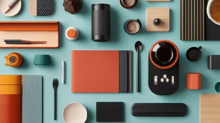 97. A flat-lay of retro-themed stationery and modern coffee accessories on a clean table