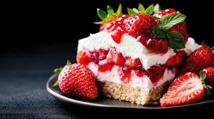 Delicious strawberry cheesecake slice on plate, dark background, food photography for recipe blogs or websites