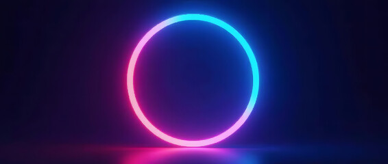 Obraz premium The bright neon tube forms a circular outline, emitting blue and pink hues against a dark gradient background, creating a futuristic and elegant look.