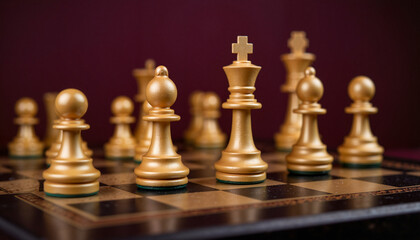 Golden chess pieces representing strategic gameplay on black board, elegance