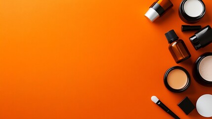 Orange Background Cosmetics Flatlay, Makeup Products and Beauty Accessories