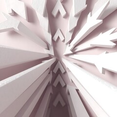 Abstract 3D white arrows converging on a pale pink background.