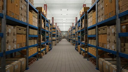Industrial Warehouse Filled With Storage Boxes Labeled For Shipment, Distribution Center Storing Cargo For Import Export Industry