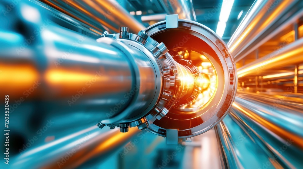Poster an innovative pipeline system with glowing elements inside, symbolizing the continuous flow of energ