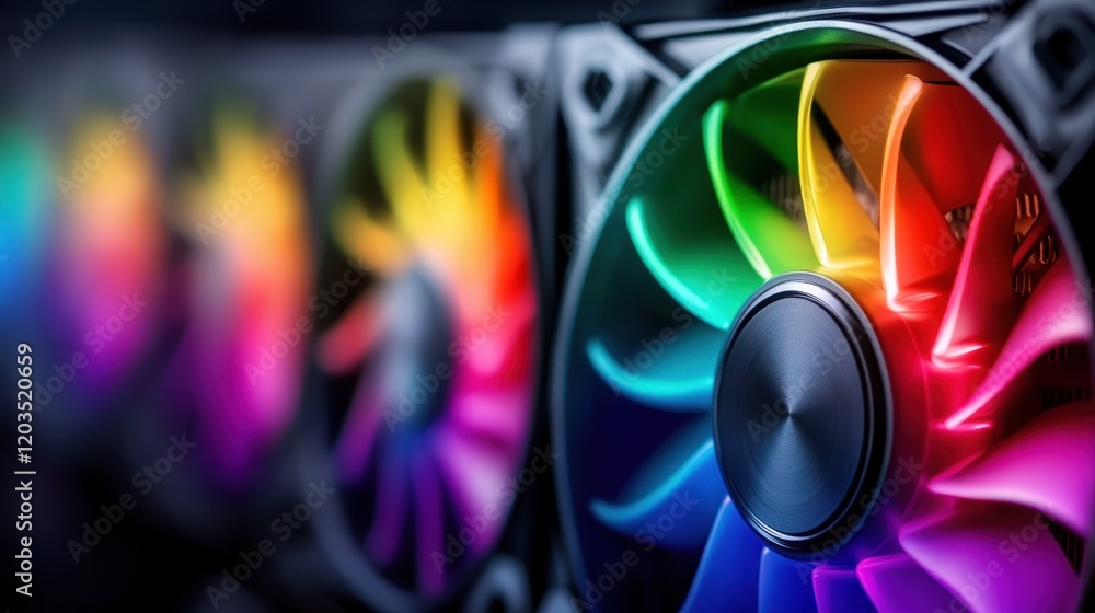 Poster a mesmerizing image featuring multiple colorful rgb fans, highlighting their intricate design in a m