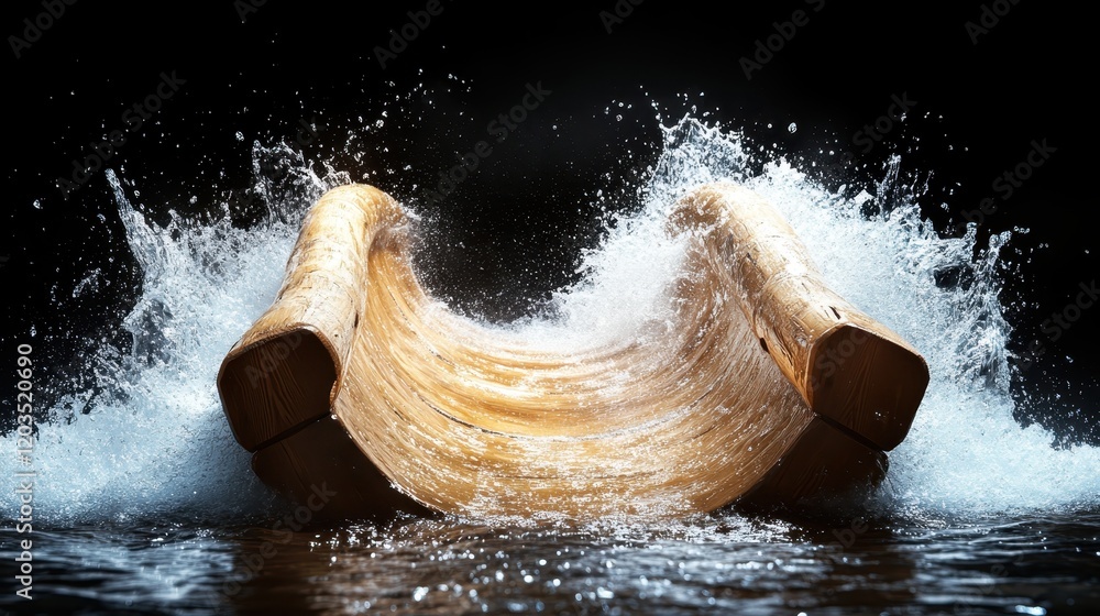 Poster an engaging image of splashing water from a wooden undulating structure that captures the thrill of 