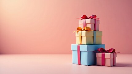 A Stack of Pastel Presents with Colorful Ribbons on a Pink Background
