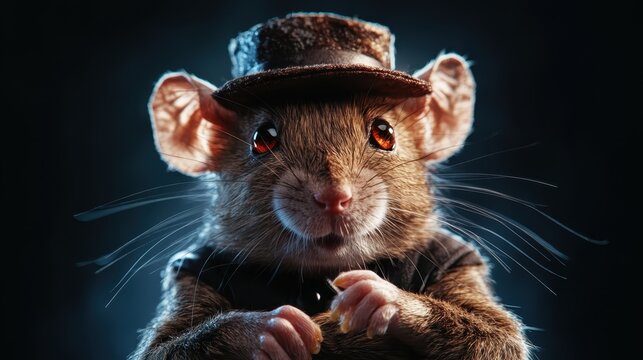 A charming mouse dons a stylish hat and coat, showcasing its curious expression under dramatic lighting, perfect for captivating audiences and animal lovers alike.