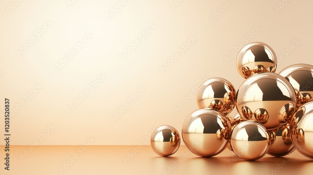 Poster a cluster of reflective golden spheres elegantly arranged, creating a visually striking display that