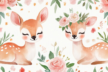 The image features a cute watercolor illustration of two deer with closed eyes, surrounded by various flowers and green leaves, creating a serene and floral atmosphere