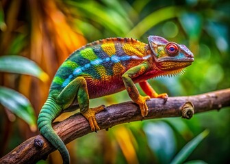 Obraz premium Aerial View: Chameleon on Branch - Vivid Green Reptile in Tropical Forest Canopy