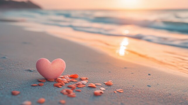 Romantic heart decoration lying on sandy beach at sunset with gentle waves lapping at shore