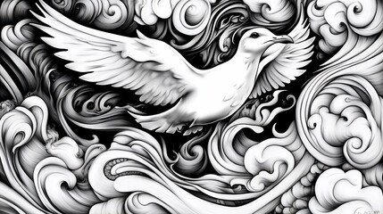 Obraz premium Elegant flight of a white bird with swirling abstract clouds in a monochromatic style
