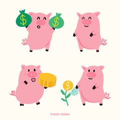 Hand drawn cute piggy bank illustration collection