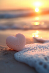 Fototapeta premium Heart-shaped object rests on the soft sand near gentle ocean waves at sunset with warm tones in the sky