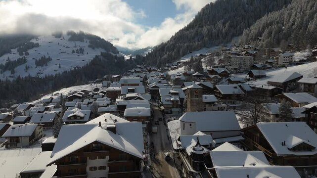 Aerial View of Dorfstrasse in Adelboden, Switzerland in winter