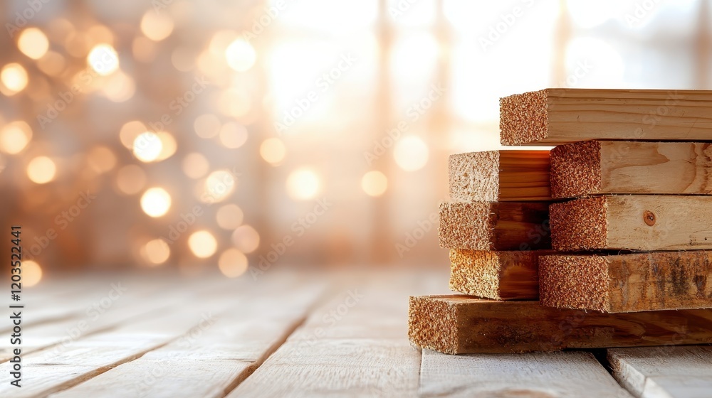 Poster a captivating image of neatly stacked wooden planks set against a soft bokeh background that evokes 