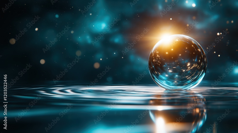 Poster an ethereal image of a gleaming sphere floating amid a vibrant cosmic backdrop, exploring themes of 