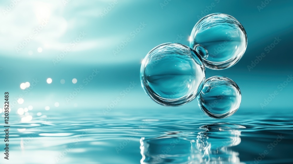Poster this image captures three transparent bubbles gracefully hovering above a serene water surface illum