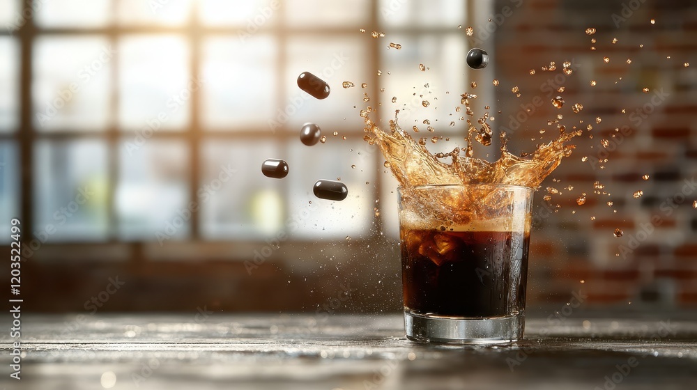 Poster this captivating image features a glass filled with dark liquid and ice, as capsules splash dramatic