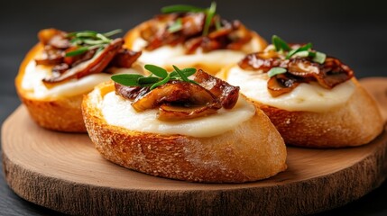 These beautifully arranged crostini feature a creamy base topped with savory caramelized mushrooms, presenting an appealing appetizer with elegance and flavor.
