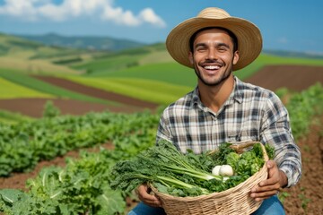 Smiling young farmer in straw hat and plaid shirt harvesting organic vegetables, standing amid sunlit cultivated farmland with wicker basket
