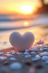 Fototapeta premium Heart-shaped stone rests on sandy beach at sunset with white pebbles and shimmering water in the background