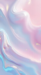 Digital art with abstract, flowing and iridescent elements, creating a sense of movement with soft pastel swirls and shiny metallic finishes. Abstract background.