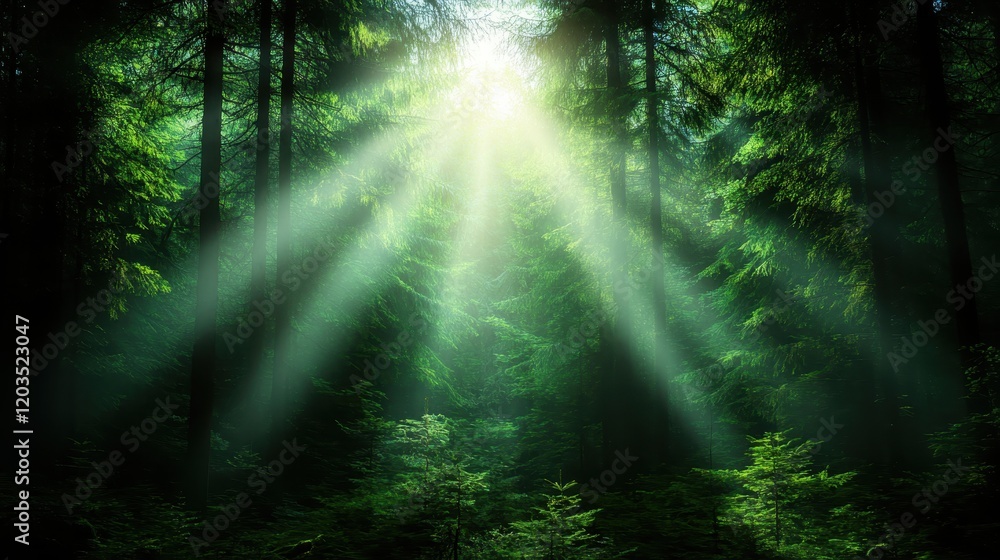 Poster beams of sunlight streaming through a dense forest canopy, creating an enchanting and serene atmosph
