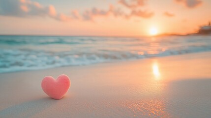 Fototapeta premium Heart shaped stone rests on the sandy beach as the sun sets over the calm ocean waves in a tranquil moment of romance