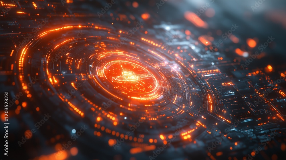 Poster futuristic orange glowing digital network with circular architecture