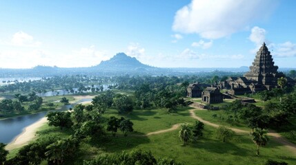 Ancient Temple Ruins in Lush Tropical Landscape