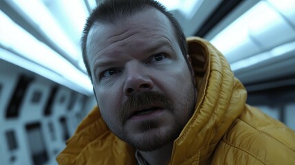 A man with a beard and mustache is wearing a yellow jacket. He looks cold and is staring at the camera