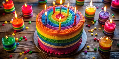 Aerial View: Rainbow Pride Cake with Glowing Candles