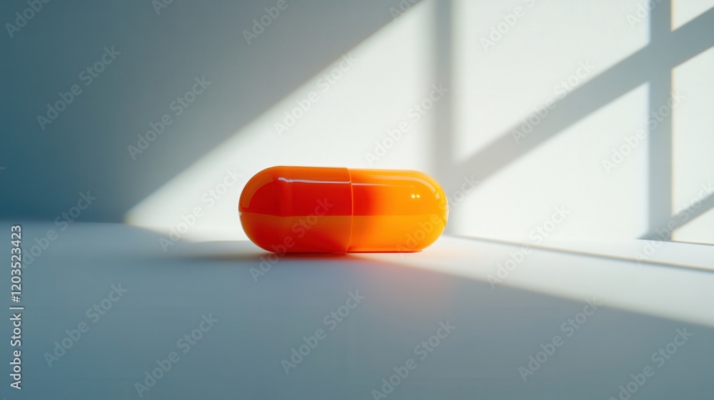 Aufkleber bright orange capsule resting on a white surface with shadows from a window in the background