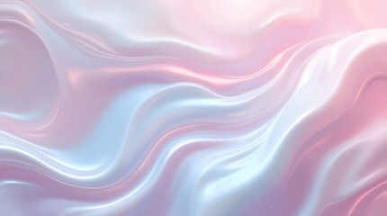 Digital art with abstract, flowing and iridescent elements, creating a sense of movement with soft pastel swirls and shiny metallic finishes. Abstract background.
