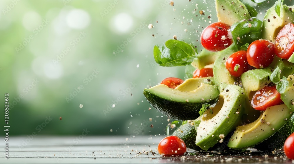 Poster a stunning display of avocados and tomatoes dynamically arranged with spices on a rustic table, show