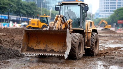 A construction site featuring a yellow bulldozer navigating through muddy terrain amidst urban development.