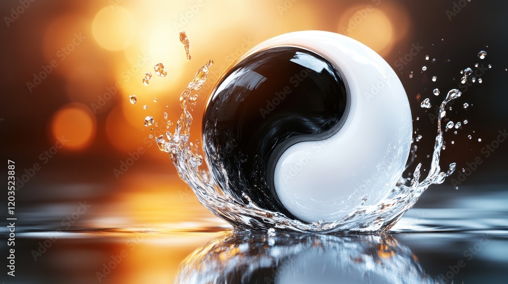 Poster this dynamic image features a yin yang symbol splashing in water, representing balance and harmony, 