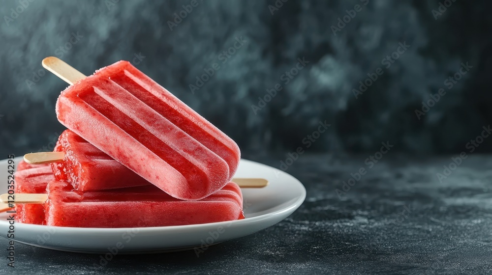 Poster a tempting display of vibrant red popsicles arranged neatly on a white plate, reflecting freshness a