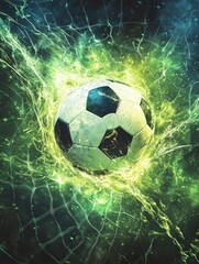 Fototapeta premium Energetic Soccer Ball Breaking Through Net with Green Energy Sparks