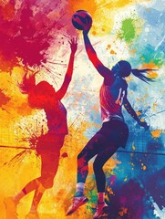 Dynamic Watercolor Netball Match Showcasing Athleticism and Colorful Movement