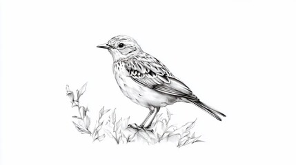 Detailed black and white pencil sketch of a standing bird with a small plant on white background