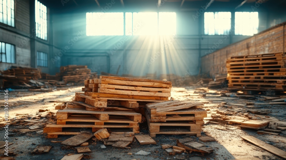 Poster a stack of weathered wooden pallets illuminated by soft rays of sunlight entering through factory wi