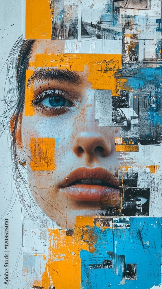 Poster in a captivating blend of hues, a striking portrait emerges from an array of vivid blue and orange p